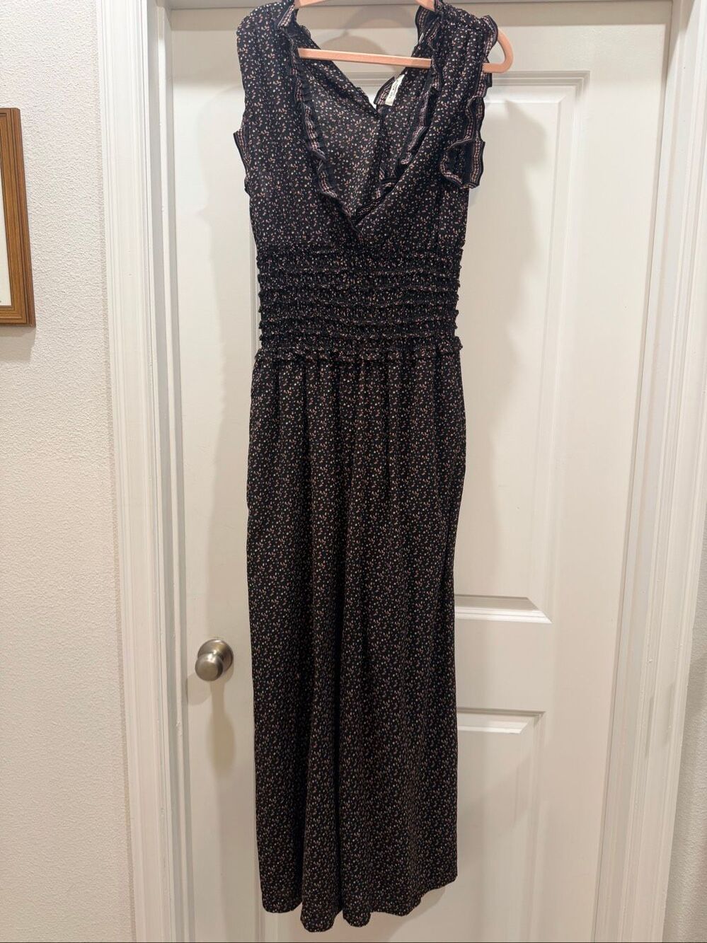 Max Studio Black Floral Ruffle Smocked Wide Leg Jumpsuit Pocket XS